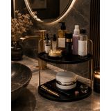 Dekoratif 2 Katlı Raf | Çok Amaçlı Organizer Paslanmaz Çelik & Ahşap Stand – Salon, Mutfak, Banyo, Çalışma Alanı Için - Gold - Siyah