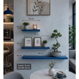 Dekoratif 3'lü Duvar Rafı Seti – 50/70/90 cm | 20 cm Genişlik | 18 mm Kalınlık | Gizli Montajlı Modern Yüzer Raf | Salon, Mutfak, Banyo ve Ofis İçin (MAVİ)