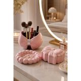 Dekoratif 3'lü Pembe Set, Düzenleyici Çok Amaçlı Saklama Kutusu, Pembe Şekerlik, Kapaklı Mumluk, Makyaj Organizeri, Ev Hediyesi, Takı, Sunumluk