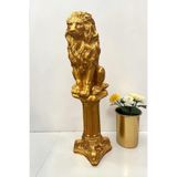 Dekoratif 53 cm Gold Altın Aslan ve Sütun Set Ev Balkon Bahçe Dekorasyon Biblo Heykel