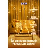 Dekoratif 8 Fonksiyonlu Ay Yıldız Perde Led Gün Işığı Ramazan Süsleme Işık Hilal Yıldız 12 Saçak Led