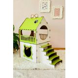 Dekoratif Ahşap Kedi Evi Teraslı 2 Katlı Merdivenli Kedi Evi Yeşil - Beyaz
