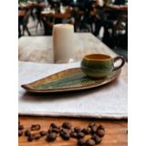 Dekoratif Ceviz Yaprak Figürlü 1 Kişilik Çay Kahve Fincan Seti, Yeşil ve Kahverengi Renklerde, Café Stone Tray ile