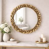 Dekoratif Duvar Aynası Yuvarlak – Modern Çiçek Desenli Çerçeve, 43 cm, Salon Antre Banyo İçin Şık Ayna (Altın)