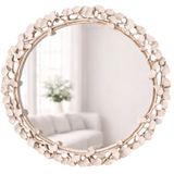 Dekoratif Duvar Aynası Yuvarlak – Modern Çiçek Desenli Çerçeve, 43 cm, Salon Antre Banyo İçin Şık Ayna (İnci)