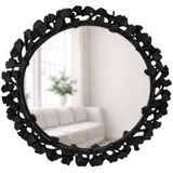 Dekoratif Duvar Aynası Yuvarlak – Modern Çiçek Desenli Çerçeve, 43 cm, Salon Antre Banyo İçin Şık Ayna (Siyah)