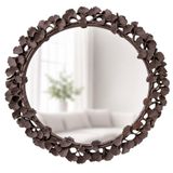 Dekoratif Duvar Aynası Yuvarlak – Modern Çiçek Desenli Çerçeve, 43 cm, Salon Antre Banyo İçin Şık Ayna (Taupe)