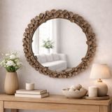 Dekoratif Duvar Aynası Yuvarlak – Modern Çiçek Desenli Çerçeve, 43 cm, Salon Antre Banyo İçin Şık Ayna (Vizon)