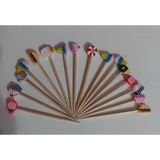 Dekoratif Fimo Süslü Kokteyl Kürdanları, 15'li Set, 8 cm, Renkli Parti Sunum Çubukları