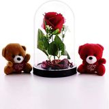Dekoratif Hediye 2 Adet Mini Ayıcıklar Fanusta Led Işıklı Kırmızı Gül Ve Sevgiliye Eşe Hediye Seti Strglbl75