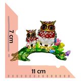 Dekoratif Kristal Taşlı Metal Çift Baykuş Biblo, Çiçekli Dal Üzerinde, 11 cm