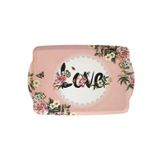 Dekoratif Love Desenli Melamin Tepsi, 38x27 cm, Pembe Çiçek Motifli, Kaydırmaz