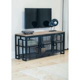 Dekoratif Metal Gövdeli Ahşap Raflı Tv Ünitesi 3 Raflı 3 Kapaklı Tv Sehpası 120 X 30 Cm Televizyon Ünitesi Siyah