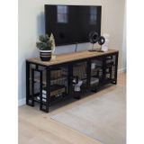 Dekoratif Metal Gövdeli Ahşap Raflı Tv Ünitesi 3 Raflı 4 Kapaklı Tv Sehpası 150 X 36 Cm Televizyon Ünitesi