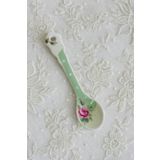 Dekoratif Porselen Çay Kaşığı, Çiçek Desenli, Mint Yeşili, 11cm
