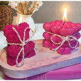 Dekoratif Tabakta 2'li Set, Çikolata Kokulu Pembe Kalpli Ayıcık ve Kalpli Bubble Mum - Fuşya - Pembe