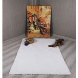 Dekoratif Tavşan Tüyü Ultra Yumuşak Peluş Kaymaz Halı Yolluk Beyaz 80 x 100