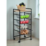 Dekoratif Tekerlekli Metal Sebzelik 4 Tel Sepetli Çam Ahşap Raflı Çok Amaçlı Stand - Çok Renkli