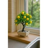 Dekoratif Yapay Limon Ağacı Bonsai, 23 Limonlu, Beyaz Seramik Saksılı, Taş Süslemeli