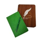 Dekoratif Yeşil Deri Kaplama Defter Ahşap Kutulu Hediyelik Vip Set