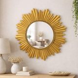 Dekoratif Yuvarlak Duvar Aynası – Güneş Desenli Modern Çerçeve, 47 cm, Salon Antre Banyo İçin Şık Ayna (Altın)