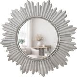 Dekoratif Yuvarlak Duvar Aynası – Güneş Desenli Modern Çerçeve, 47 cm, Salon Antre Banyo İçin Şık Ayna (Gümüş)