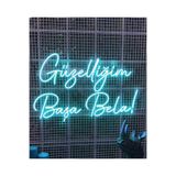 dekoraven Başa Bela Yazılı Neon Led Tabela Dekoratif Aydınlatma 50X32Cm Turkuaz, güzelliğim