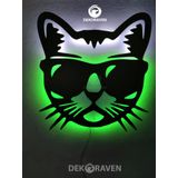 dekoraven Cool Kedi Led Işıklı Ahşap Tablo yeşil-beyaz