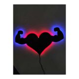 dekoraven Fitness Love Işıklı Tablo 55x30 cm Kırmızı Mavi LED Duvar Dekoru, kalpkaslı