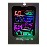 Dekoraven Gamer Led Işıklı Ahşap Tablo -Eat Sleep Game Repeat 55X40