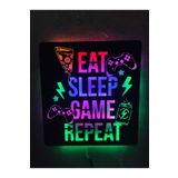 dekoraven Gamer Led Işıklı Ahşap Tablo - Eat Sleep Game Repeat eatsleepşimşekraven