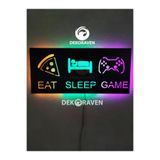 dekoraven Gamer Led Işıklı Ahşap Tablo - eat sleep game sarı-yeşil-mor