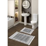 Dekoreko Dijital 2'li Banyo Paspas Takımı Trend Keçe Kaymaz Taban Saçaklı Modern Sequoia Gri