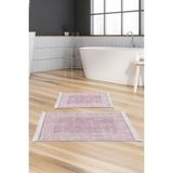 Dekoreko Dijital 2'li Banyo Paspas Takımı Trend Keçe Kaymaz Taban Saçaklı Modern Shelbi Pudra