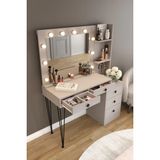 Dekorfim DF02121 LED Işıklı Aynalı Makyaj Masası Raflı Çekmeceli Beyaz Hollywood Model Makyaj Organizer - Kumtaşı