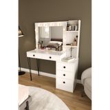 Dekorfim DF02121 LED Işıklı Aynalı Makyaj Masası Raflı Çekmeceli Beyaz Hollywood Model Makyaj Organizer