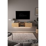 Dekorfim Df17102 Led Işıklı Duvara Monte Tv Ünitesi, 2 Kapaklı Dolaplı, Raflı 150 Cm Tv Alt Ünitesi Safir Meşe Beyaz