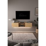 Dekorfim DF17102 LED Işıklı Duvara Monte Tv Ünitesi, 2 Kapaklı Dolaplı, Raflı 150 cm Tv Alt Ünitesi Safir Meşe