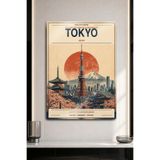 DekorHane Metal Tablo - Tokyo Kulesi ve Fuji Dağı Manzaralı Japonya Retro Poster