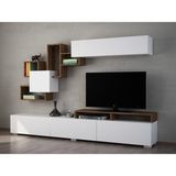 Dekorister Elit Beyaz Ceviz TV Ünitesi / Modern Kapaklı ve Duvar Raflı TV Sehpası