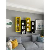 Dekormer Design Kitaplık Duvar Rafı 4 Lü Renkli Mobilya Takım Sarı Siyah - Sarı - Siyah
