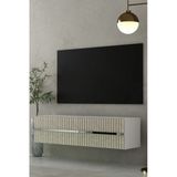 Dekortis Home Dekor 120Dhdtda5btg Tedy Lazer Pleksi Desenli Duvara Monte Tv Sehpası Beyaz-Traverten-Gümüş