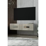 Dekortis Home Dekor 120DHDTDA8BTG Luna Duvara Monte Pleksi Lazer Desen Kapaklı Tv Sehpası Beyaz-Traverten-Gümüş - Beyaz - Traverten - Silver