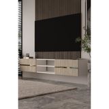Dekortis Home Dekor 180DHDTDAR5BTA Tedy Duvara Monte Pleksi Lazer Desen Tv Sehpası Beyaz-Traverten-Altın - Beyaz - Traverten - Gold