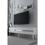 Dekortis Home Dekor 180DHDTRÜ5BA Tedy Lazer Pleksi Desenli Raflı Tv Sehpası Ünitesi Beyaz-Altın - Beyaz - Altın