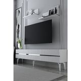 Dekortis Home Dekor 180DHDTRÜ5BG Tedy Lazer Pleksi Desenli Raflı Tv Sehpası Ünitesi Beyaz-Gümüş - Beyaz - Gümüş