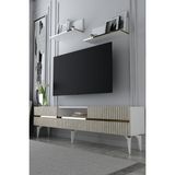 Dekortis Home Dekor 180DHDTRÜÇ5BTA Tedy Lazer Pleksi Desenli Raflı Tv Sehpası Ünitesi Beyaz-Traverten-Altın - Beyaz - Traverten - Gold