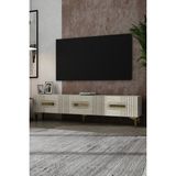 Dekortis Home Dekor 180DHDTS8BTA Luna Kapaklı Pleksi Lazer Desen Tv Sehpası Beyaz-Traverten-Altın - Beyaz - Traverten - Gold