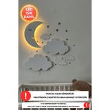 Dekorvin 2 Bulut Gece 1 Işıklı Ay Lambası Bebek Çocuk Odası Duvar Dekorasyonu Aydınlatma Ahşap Gece Lambası