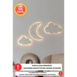 Dekorvin 2Bulut 1 Ay Led Işık Gece Lambası Bebek Çocuk Odası Duvar Dekorasyonu Aydınlatma Ahşap Gece Lambası